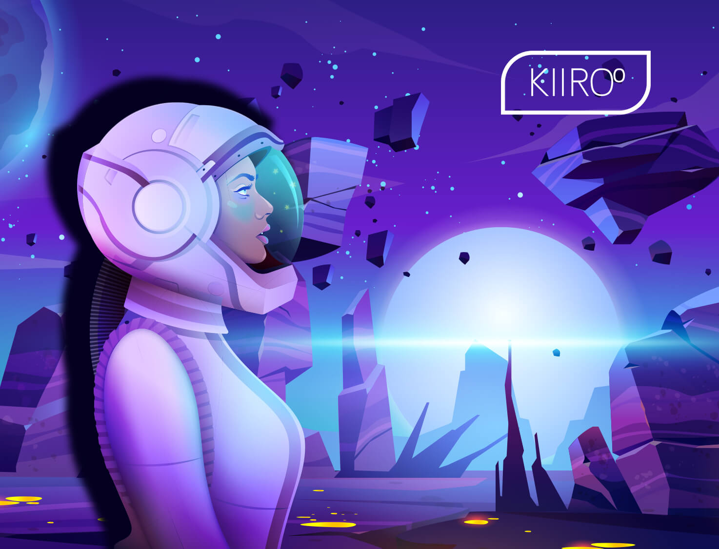 female astronaut on a planet facing the moon