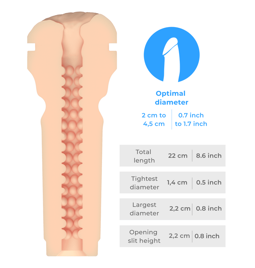 KIIROO-Inner tunnel of the Feel stroker with detailed size diagram