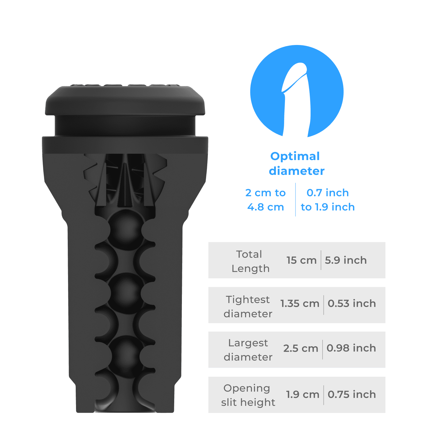 Inner tunnel of the Feel pocket stroker with detailed size diagram