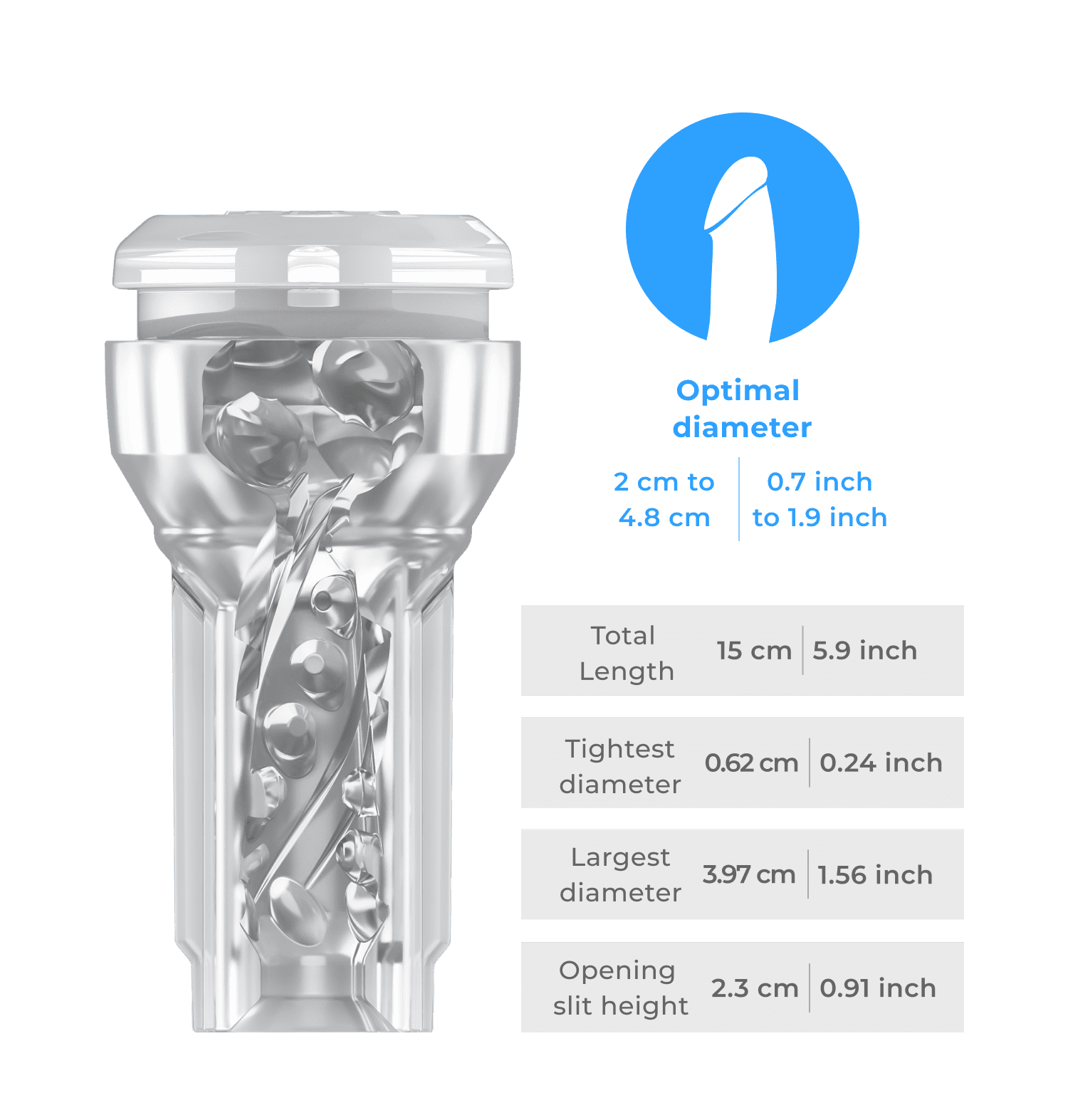Inner tunnel of the Feel pocket stroker crystal with detailed size diagram