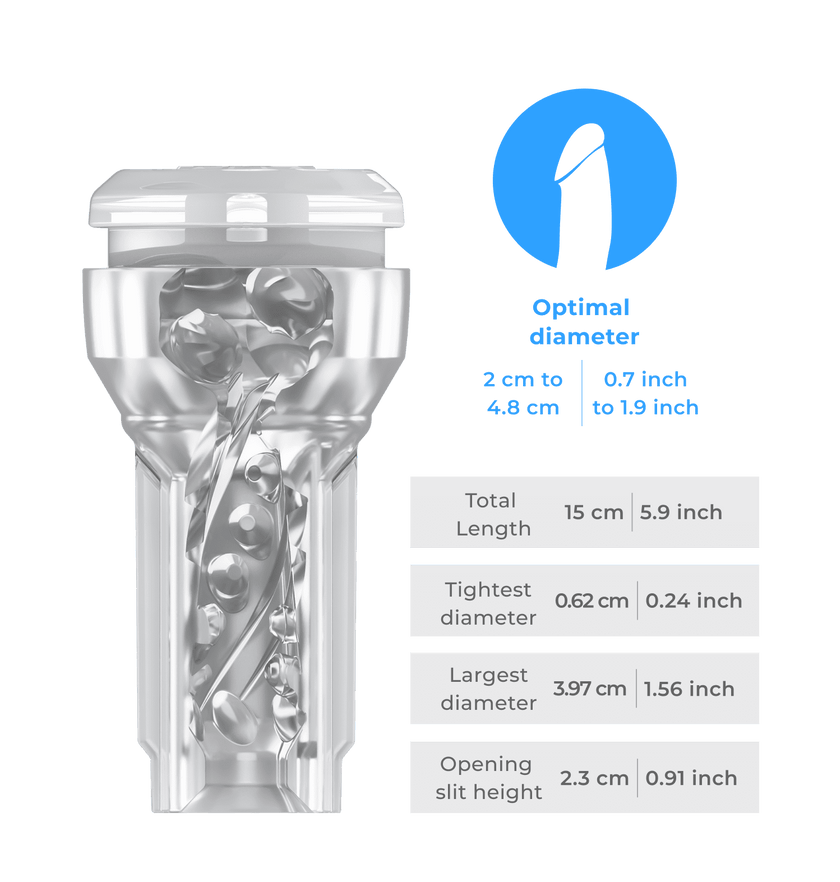 KIIROO-Inner tunnel of the Feel pocket stroker crystal with detailed size diagram