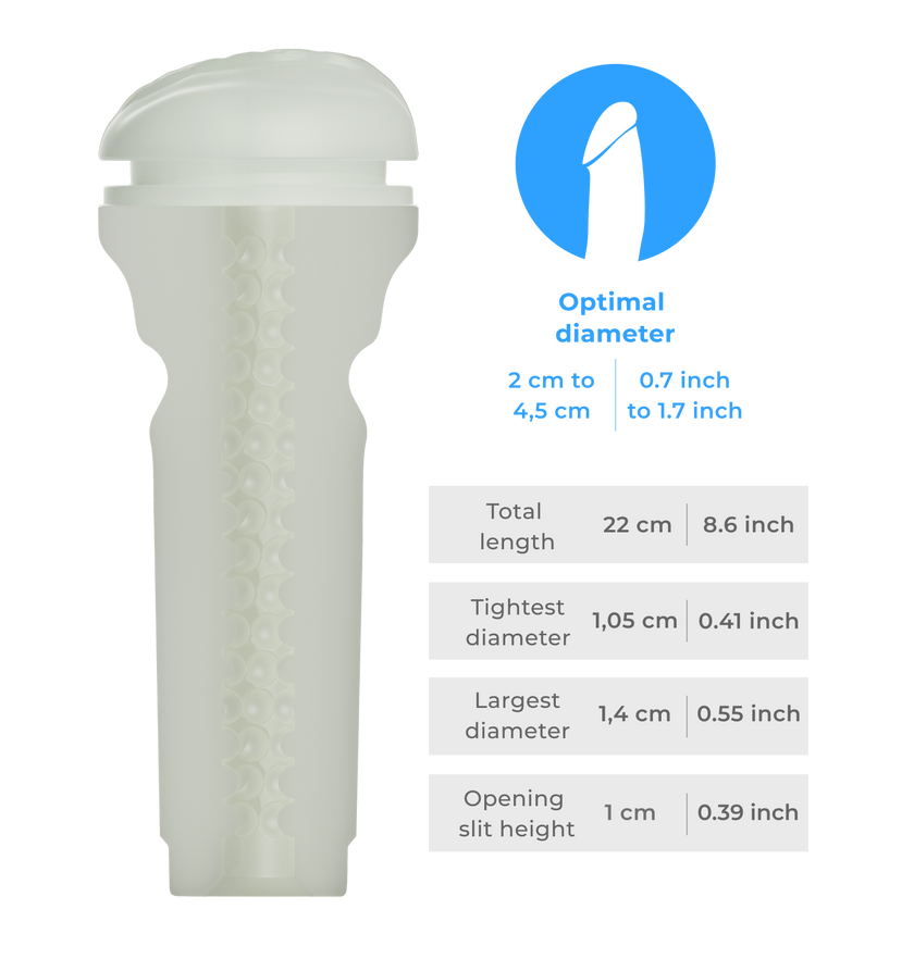 KIIROO-Inner tunnel of the Feel glow stroker with detailed size diagram