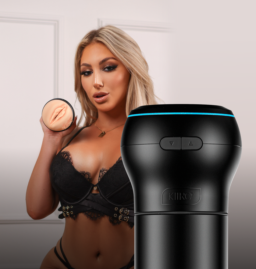 KIIROO-Kayley Gunner holding FeelKayley Stroker, and the Powerblow suction device