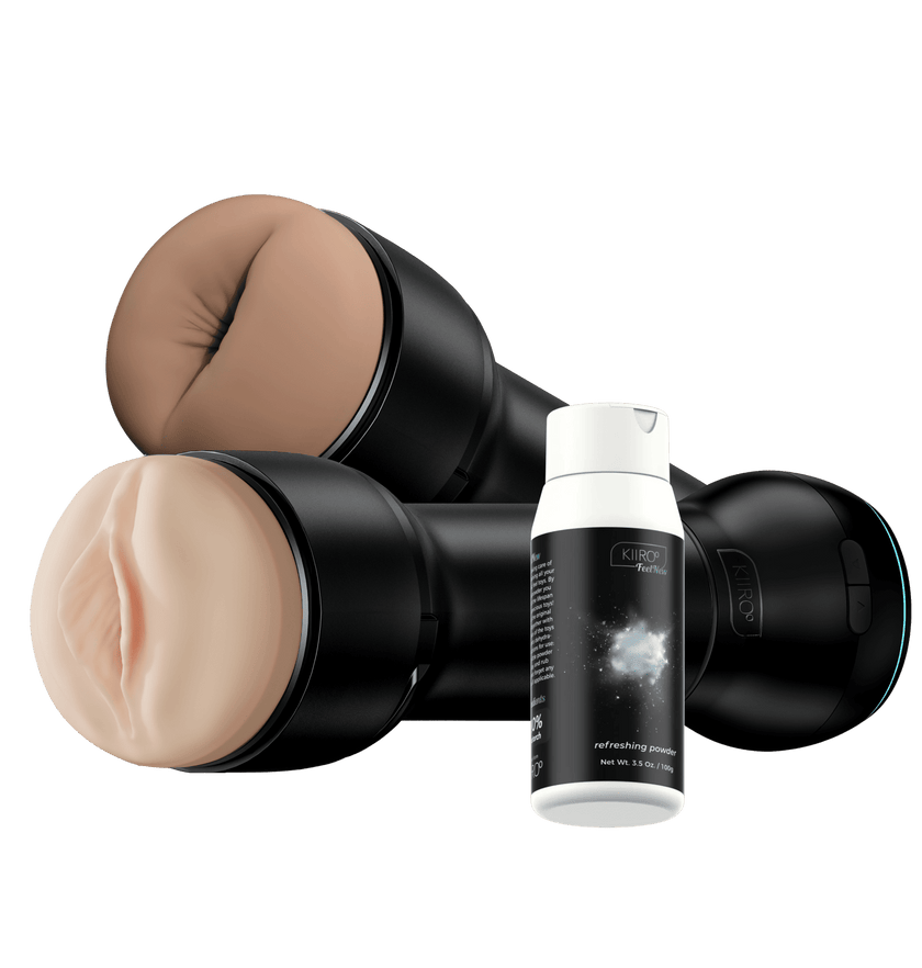KIIROO-Refreshing Powder, FeelStroker pale assembled with the Powerblow suction device, and Feel Stroker Extra Tight Butt
