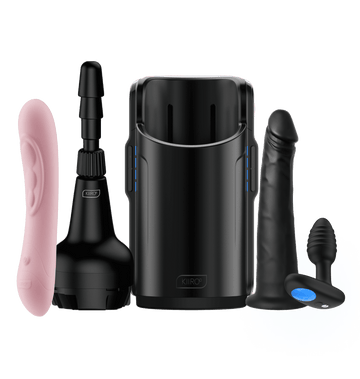 The Ultimate Luxury Bundle KIIROO-Lumen butt plug, Pearl3 AI vibrator pink, Keon interactive masturbator, Keon dildo adapter, and Vacuum-lock Dildo