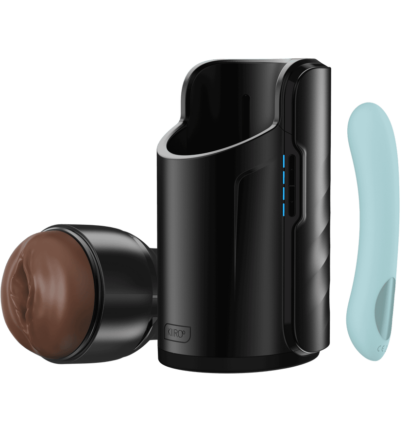 KIIROO-Pearl2+ vibrator, Keon automatic masturbator, and FeelStroker dark brown