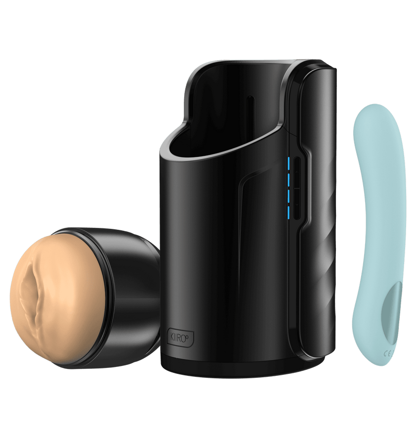 KIIROO-Pearl2+ vibrator, Keon automatic masturbator, and FeelStroker light brown