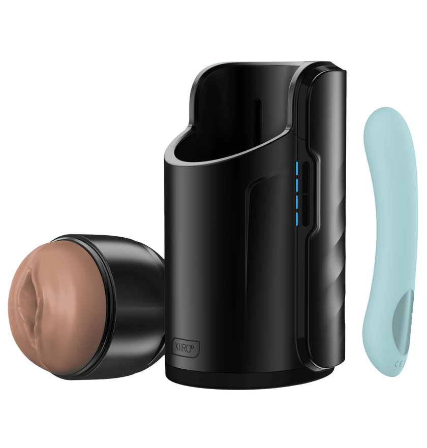 KIIROO-Pearl2+ vibrator, Keon automatic masturbator, and FeelStroker mid brown