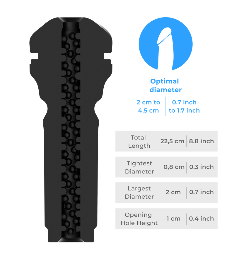 KIIROO-Inner tunnel of the FeelSensation Stroker with detailed size diagram