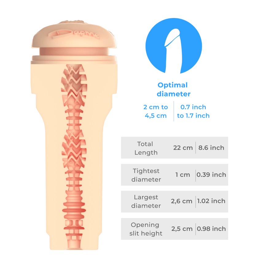KIIROO-Inner tunnel of the FeelDaphne stroker with detailed size diagram
