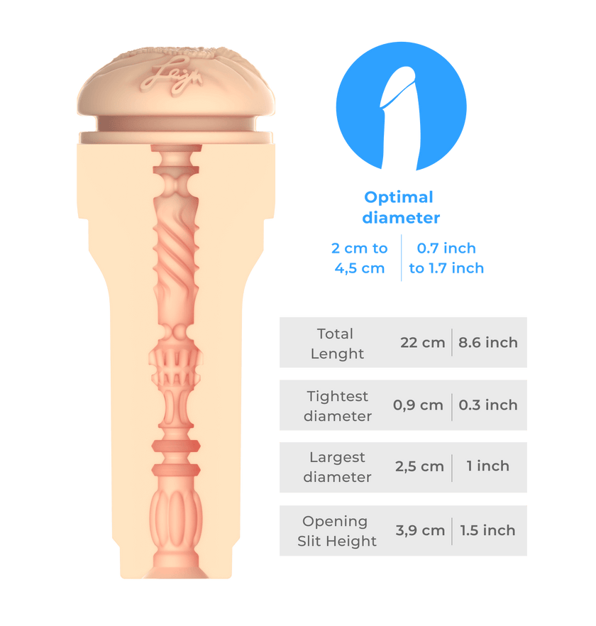 KIIROO-Inner tunnel of the FeelLeigh stroker with detailed size diagram