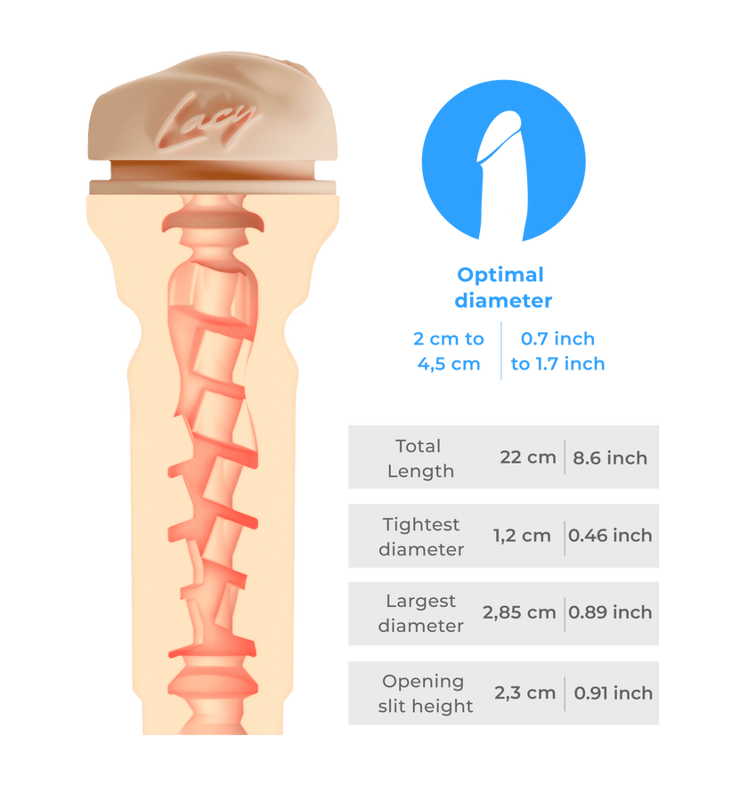 KIIROO-Inner tunnel of the FeelLacy stroker with detailed size diagram