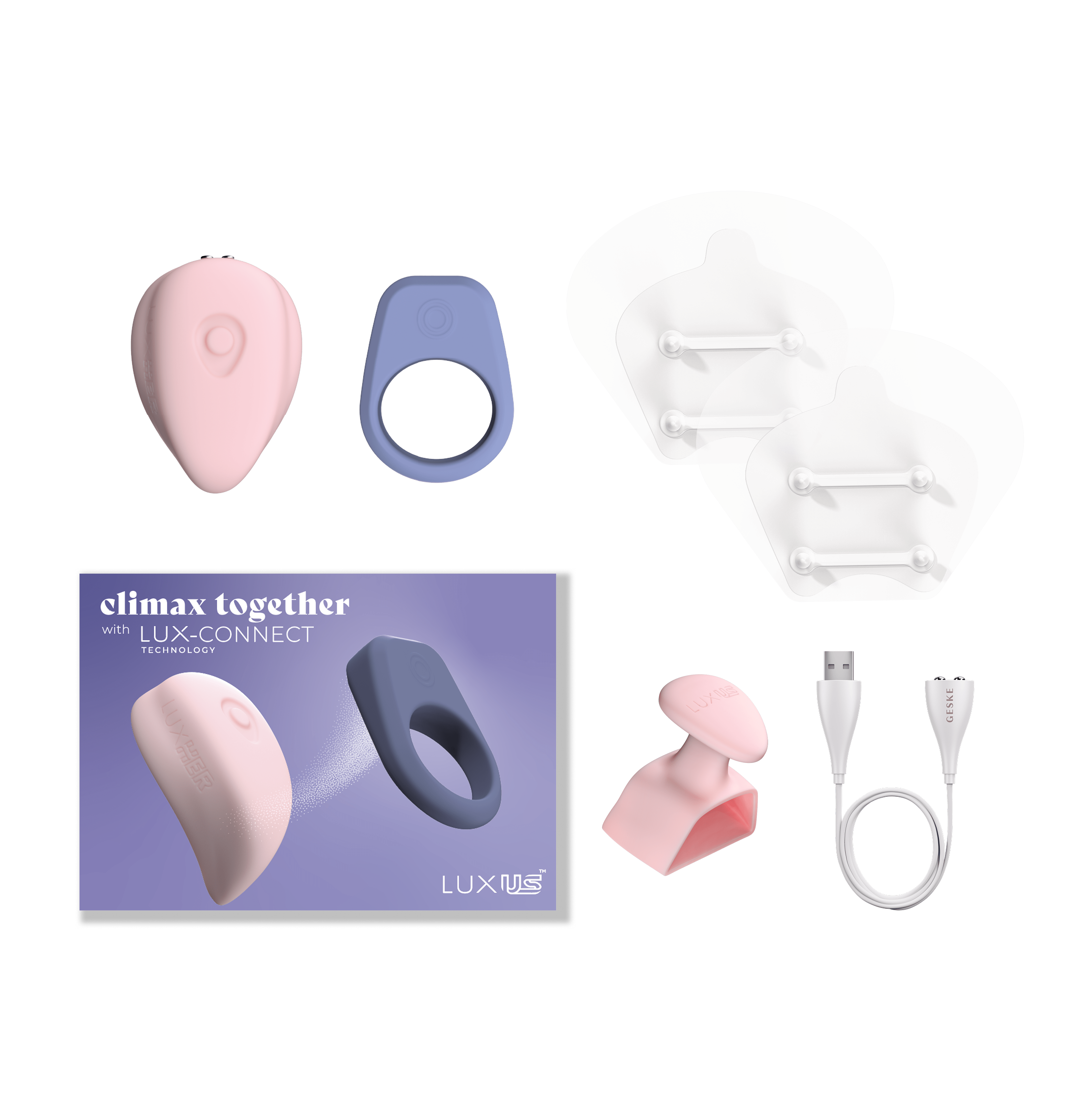 the Luxus™ couples vibrators, the Luxus™ Harness, and 5-Pack adhesive stickers